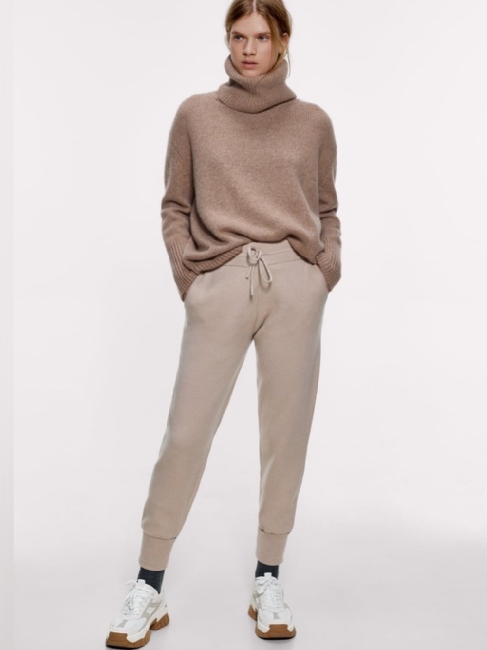 Zara Knit Jogger Drawstring High-Waisted Beige Size S